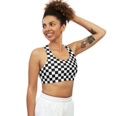 This custom sports bra is made to keep you stylishly comfy and well-supported during peak performance.  Made with 82% Microfiber Polyester and 18% Spandex, these bras strike the perfect balance between softness and stretchiness. The durable fabric delivers medium support with unique patterns making it a highly unique item for sports enthusiasts. .: Soft to the touch .: Runs true to size .: Material: 82% Microfiber Polyester 18% Spandex .: Durable and stretchy fabric (7.5 oz /yd² (250 g/m .: Assembled in the USA from globally sourced parts Sporty Breathable Crop Top With Medium Support, Sporty Crop Top With Medium Support And Breathable Material, Racerback Crop Top For Sports With Light Support, Sports Crop Top With Light Support And Racerback, Racerback Crop Top With Light Support For Sports, Breathable Racerback Bra For Gym, High Stretch Racerback Crop Top For Sports, Sporty Seamless Bra For Gym, Racerback Sports Bra For Sports Events