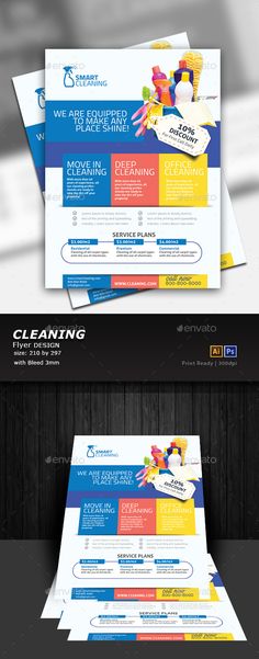 a set of three flyers with different colors and designs on them, including the logo for cleaning