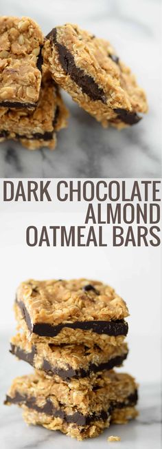 chocolate and oatmeal bars stacked on top of each other with text overlay