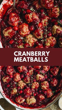 cranberry meatballs in a pot with the words cranberry meatballs above it