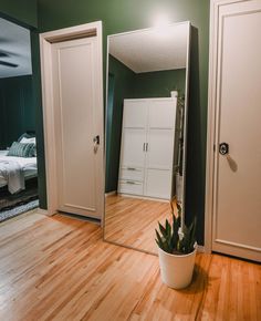 a mirror sitting on top of a hard wood floor next to a potted plant