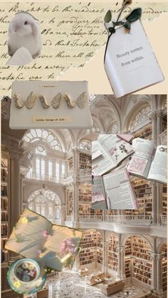 a collage of photos with books and papers