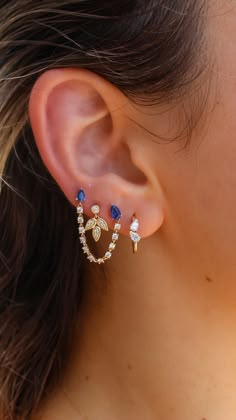 Gold Double Diamond Connecting Earring with Diamond Drop - Monisha Melwani INC Fine Jewelry Dangle Cartilage Earrings, Marquise Diamond Single Earring, Single Marquise Cubic Zirconia Earring, Blue Earring Stack, Earring Stack Ideas, Two Piercings, Curated Ears, Lux Jewelry, Earring Stack