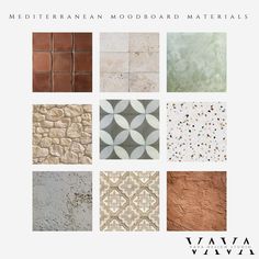 the different types of tiles are shown in this image, and there is also text that reads mediterranean woodboard materials