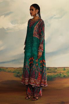 Teal green panelled A-line kurta with all over tribal print and button front. - Aza Fashions Rajdeep Ranawat, Kurta Patterns, Kurta For Women, A Line Kurta, Green Silk, Womens Tunics, Teal Green, Aza Fashion, Silk Printing