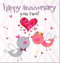 an anniversary card with two birds and hearts