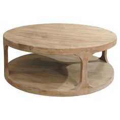 a round wooden table with two shelves on each side