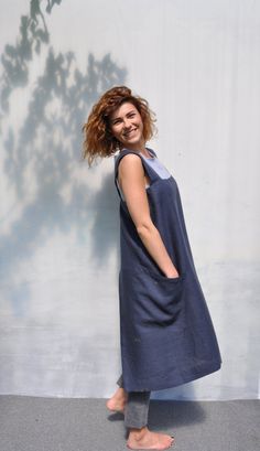 "Royal blue comfortable no ties japanese linen full apron. Original big pocket linen apron dress. Linen pinafore smock. Washed and softened original linen apron. Linen Smock / Dress. Loose fit. This apron in front has two big pockets. Apron gets better and softer with every wash and age. Great for every day. You can choose from 47 different colors. To have a perfect color match you can always order a linen samples. If you place order over 22 Eur value we will add samples for free. DESCRIPTION: - Sleeveless Linen Pinafore Dress With Pockets, Cotton Knee-length Pinafore Dress With Pockets, Linen Apron Dress, Linen Pinafore, Apron Dress, Linen Apron, Smock Dress, Linen Dresses, Comfortable Fashion