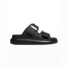 Alexander McQueen oversized rubber pool sandals. Flat chunky heel. Open toe. Dual buckle upper. Slide style. Molded comfort footbed. Rubber sole. Made in Italy. Pool Sandals, Monogrammed Items, Slide Sandals, Chunky Heels, Open Toe, Alexander, Alexander Mcqueen, Neiman Marcus, Tops Designs