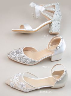 three different types of shoes with bows on the toes and heels in white, silver or ivory