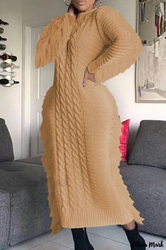 OliviaMark - Olivgrünes lässiges festes Quasten-Patchwork O-Ausschnitt gerades Kleid Hijabi Styles, Sweater Maxi Dress, Straight Clothes, Fringe Sweater, Sweater Dresses, Winter Dress, Winter Sweater, Straight Dress, Sweater Dress Women