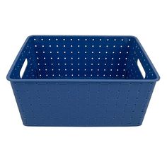 a blue plastic basket with holes on the sides and bottom, in front of a white background