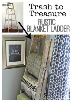 an old ladder is transformed into a rustic blanket ladder