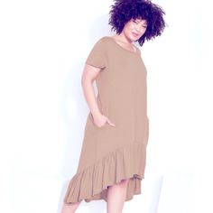 Plus Size High Low Dress With Pockets. Casual Beige Midi Dress With Asymmetrical Hem, Casual Midi Dress With Asymmetrical Ruffle Hem, Spring Dress With Relaxed Fit And Asymmetrical Hem, Plus Size High Low Dresses, Dress With Pockets, High Low Dress, High & Low, High Low, Plus Size