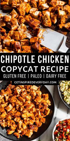 chicken copycat recipe with text overlay that reads, chipotle chicken copycat recipe gluten free pale dairy free