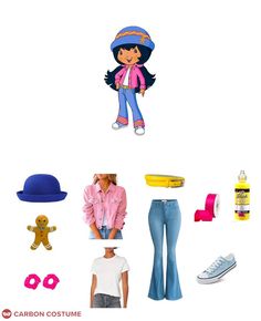 an assortment of clothing and accessories including shoes, hats, and other items are arranged on a white background