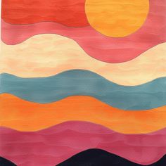 an abstract painting with waves and sun in the background