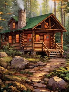 Cabin in the Woods - Paint by numbers House In The Mountains Painting, Log Cabins In The Woods Mountain, Wood House Drawing, House In The Woods Drawing, Cabin In The Woods Painting, Log Cabin Painting, Log Cabin Art, Quaint Cabin, Cabin Birdhouse