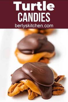 chocolate covered turtle candies with pecans on top