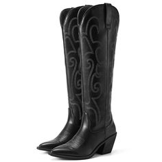 Black Mini Dress With Cowboy Boots, Tall Black Cowgirl Boots, Tall Black Western Boots Outfit, Pointed Toe Knee-high Boots For Western-themed Fall Events, Trendy Fitted Boots For Western-themed Events, Black Cowgirl Boots Outfit, Women Cowgirl Boots, Goth Cowgirl, Womens Western Boots