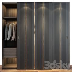 an open closet with clothes hanging on the wall and wooden flooring, in front of a white background