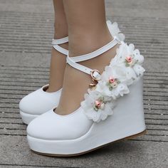 Product Name: Ankle Strap Almond Toe Bridal shoes Material: PU + Stick Lace Flowers TPR (Cow Muscle) sole Platform measures approximately 1.18"(3cm) Heel height: 4.25" (10.8cm) Color: White Size: CN 33-42, US 4-11 Wedding Shoes Platform, Wedding Boots, Cute Shoes Heels, Kawaii Shoes, Prom Heels, Wedding Shoes Heels, Platform Wedge Heels, Fancy Shoes, Ankle Strap Wedges