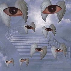 an image of many different eyes in the sky with stairs leading up to them and clouds above