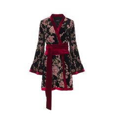 This is a timeless printed velvet kimono in floral motif that can be worn to dress up or down and worn as a jacket, cardigan or dress.  Crafted from silk velvet, the wraparround style flatters all shapes and sizes. The sash can be loosely tied or tightly cinched to create an hourglass silhouette. Balanced by voluminous kimono-inspired sleeves. Made in Europe  Material: 100% Silk velvet  DRY CLEAN ONLY Kimono Runway, Velvet Kimono Outfit, Kimono Inspired Dress, Floral Kimono Outfit, Kimono Dress Outfit, January Fashion, Kimono Style Dress, Kimono Floral, Kimono Outfit