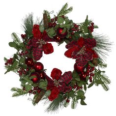 a christmas wreath with red and green decorations