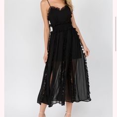 Brand New, Bought For A Wedding That Was Cancelled. Never Worn, Still Has Tags. Black Chiffon Midi Dress With Ruffles, Black Chiffon Midi Dress For Cocktail, Elegant Black Maxi Dress For Brunch, Black Sleeveless Chiffon Midi Dress, Sleeveless Black Chiffon Midi Dress, Black Chiffon Midi Dress For Night Out, Black Chiffon Midi Dress For Party, Black Maxi Dress For Summer Wedding, Chic Black Midi Dress For Wedding