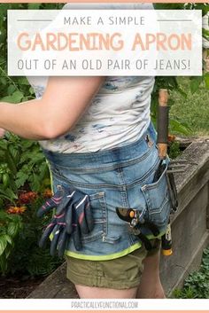 an old pair of jeans is being used as gardening aprons for the garden and it's so easy to make