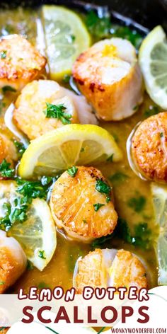 lemon butter scallops in a skillet with lemon slices and parsley