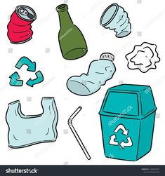 trash can, plastic bottle and other items to recycle