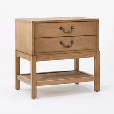 a small wooden table with two drawers on one side and an open drawer on the other