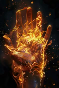 a hand that is covered in fire with flames coming out of the palm and fingers