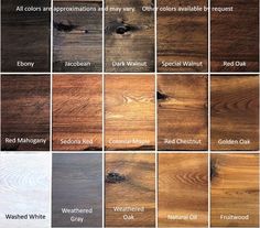 the different types of wood that are available in this color scheme, including red oak, white oak, black walnut, and chestnut