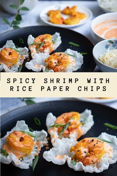 shrimp with rice paper chips on a black plate