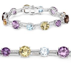 "Multi-Gemstone Bracelet, Natural Multi-Color Tennis Bracelet .925 Sterling Silver with Natural Birthstones, Birthday Gift for Her Product Details:  .925 Sterling Silver Stone Details: Amethyst Item Type: Bracelet Subcategory: Amethyst Gross Wt: 18.72 Gemstone Wt: 15.96 ctw Diamond Wt: 0.31 ctw Total Stone Wt: 16.27 ctw Finish: Rhodium Plated Clasp: Box With Tongue And Safety Clasps Total Qty Of Stones: 64 Height: 5.84 MM Width: 8.89 MM Length: 7.00 inches Primary Stone Color: Purple Birthstone Multi Gemstone Bracelet, Blue Topaz Jewelry, Blue Topaz Bracelet, Aquamarine Jewelry, Wedding Jewelry Bracelets, Silver Gemstone Jewelry, 18k Gold Jewelry, Birthday Gift For Her, Gorgeous Bracelet