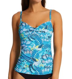 Cool seawater tropical floral print gives this tankini a refreshing look. Made of nylon, polyester, and spandex. Underwire cups provide support, and have seamless pique knit lining for a soft, breathable feel. Pockets inside lining allow you to insert removable padding, included, for smooth coverage. Covered elastic underband helps cups remain in place. Sweetheart neckline is curved, with covered elastic along the top to help it stay put. Side-ruched cup overlay has a twisted detail at center. T Hawaiian Style Sleeveless Tankini For Swimming, Fitted Tropical Tankini For Pool, Fitted Tropical Style Tankini For Pool, Hawaiian Style Fitted Tankini For Spring, Hawaiian Style Tankini With Tropical Print For Swimming, Beachy Fitted Floral Print Tankini, Hawaiian Style Tropical Print Tankini For Swimming, Fitted Tropical Print Tankini For Pool, Tropical Sleeveless Tankini For Pool