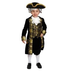 a little boy in a pirate costume standing on a white background with his hands in his pockets