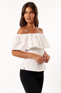 DETAILS   Make a statement in our off the shoulder top. Featuring a straight elasticised neckline, overlay bust feature and short sleeve, this fashionable piece is the ultimate way to show off your style. Whether youâ€™re going for a night out with friends or want to add something special to date night, this eye-catching top will do the trick.   off the shoulder style top  straight elasticised neckline  overlay bust feature  short sleeve  back invisible zip  unlined  material - 100% cotton     S White Top With Straight Neckline For Spring, Trendy Off-shoulder Tube Top For Day Out, Elegant Strapless Off-shoulder Top For Summer, Fitted Off-shoulder Top For Day Out, Chic Off-shoulder Top For Day Out, Elegant Off-shoulder Tube Top For Summer, Chic Foldover One Shoulder Top For Spring, Elegant Summer Off-shoulder Top For Brunch, Elegant Off-shoulder Top For Summer Brunch