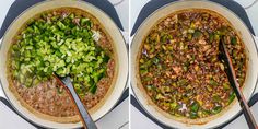 two images showing the process of making chili and beans in a pot with tongs