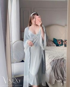 Sleep Robe Aesthetic, Night Gown With Robe, Nighty Night Dress For First Night, Sleeping Gown Aesthetic, Hospital Gown Aesthetic, Cute Sleepwear Aesthetic, Nightdress Outfit, Cute Night Wear, Sleep Wear Aesthetic