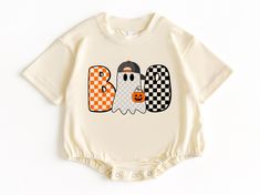 Boo Ghost T Shirt Bubble Romper, Halloween Baby Outfit, Halloween Baby Shirt, Baby Halloween Costume, Baby Bodysuit, Baby Boy Outfit 💗  Welcome to The WildflowerbyMiley Etsy Shop!  This listing is for the bodysuit, sweatshirt or t-shirt only. All other items that are shown in our photos such as shoes, hats, beanies, blankets etc. are for photo staging purposes and are NOT INCLUDED in the sale. DESCRIPTION:  This baby and children's unisex essential fits like a well-loved favorite. Super soft t-shirts, sweatshirts and baby bodysuits for your little lads and gals meant to showcase their big personalities. Its Excellent quality and vibrant print makes one fall in love with it over and over again.  This adorable piece is the perfect lightweight layer for casual wearing.  This product is hand Casual White Onesie For Halloween, White Casual Onesie For Halloween, White Halloween Onesie In Casual Style, White Casual Halloween Onesie, Boy Ghost Costume, Baby Boy Halloween Outfits, Ghost T Shirt, Baby Halloween Costume, Baby Boy Halloween