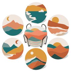 an assortment of round plates with mountains and sunsets in the background, set on top of each other