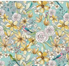 a floral pattern with birds and flowers on a blue background for wallpaper or fabric