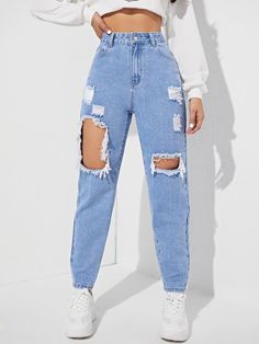 Outfit Ideas Jeans, Cute Ripped Jeans, Rip Mom, Ripped Mom Jeans, Outfit Cute, High Waisted Mom Jeans