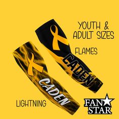 Custom Childhood Cancer Ribbon ARM Sleeve With Gold Ribbon, Gold Ribbon Awareness Sleeve for Kids and Adults, Choose Flames or Lightning - Etsy Ribbon Awareness, Compression Fabric, Gold Ribbon, Gold Ribbons, Arm Sleeve, Upf 50, For Kids