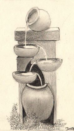 a pencil drawing of pots and bowls on top of each other with water pouring out of them