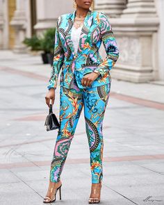 Elluis - Exquisite Baroque Print Ensemble: Long Sleeve Blazer and Pants Set Elegant Multicolor Pants For Workwear, Elegant Multicolor Pants For Work, Elegant Fitted Multicolor Pants, Baroque Print, Crop Top Dress, Blazer Set, Vintage Type, Plaid Blouse, Long Sleeve Short Dress